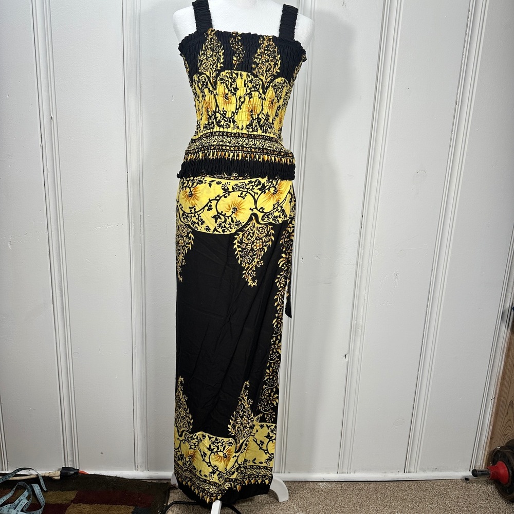 Magic 2 Piece Rayon Maxi Skirt Smocked Crop Top Set Black Yellow Boho M/L